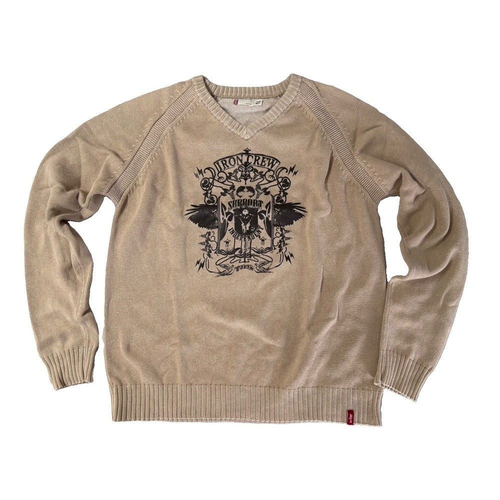 Vintage 2007 Levi's Red Tab Graphic Knit Sweater Beige Tan XL Grunge Gothic Y2K